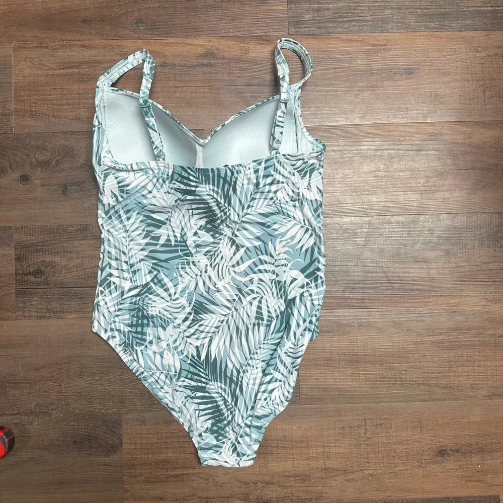 Niptuck Swim‎ One Piece Swimsuit Teal White Palm Print Ruched Tummy Control  10